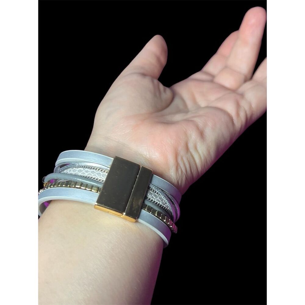 Boho Silver and Gold Multi-Layered Wrap Bracelet with Magnetic Closure - Picture 9 of 11